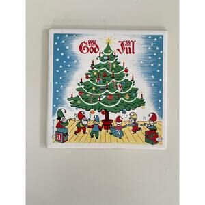VTG Berggren Swedish God Jul Merry Christmas Square Trivet Tile Elf Tree